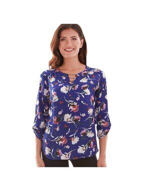 Apt 9 Women’s Floral Popover Blouse Medium Royal Blue NWT Career 3/4 Sleeve
